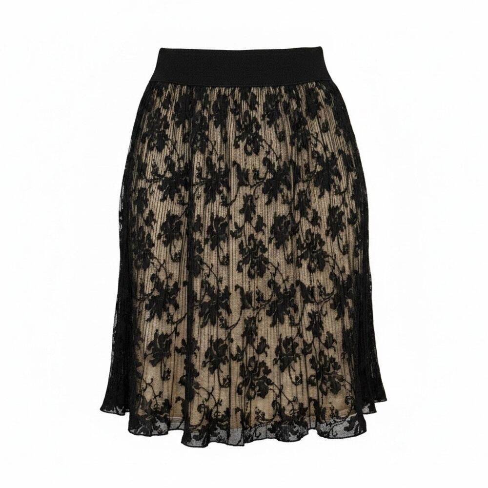 Black Lace Pleated Midi Skirt Nude Lined Whimsigoth Large Witchy Coquette Fairy